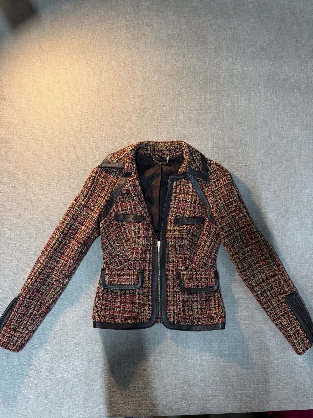bebe Pink Black Gold Tweed & Faux Leather Trim Moto Zip Blazer Jacket Size 4